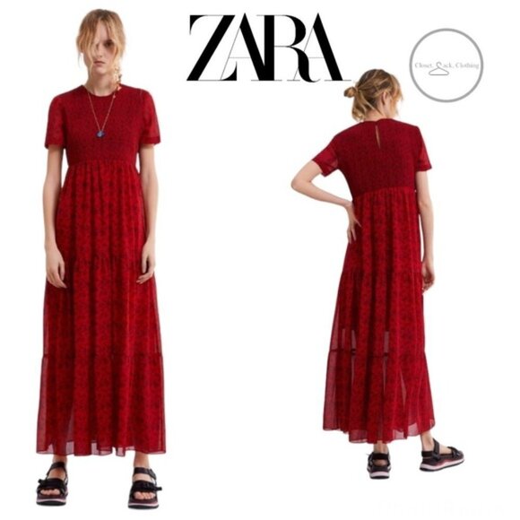 Zara Smocked Floral Maxi Dress Size Large - Picture 1 of 11